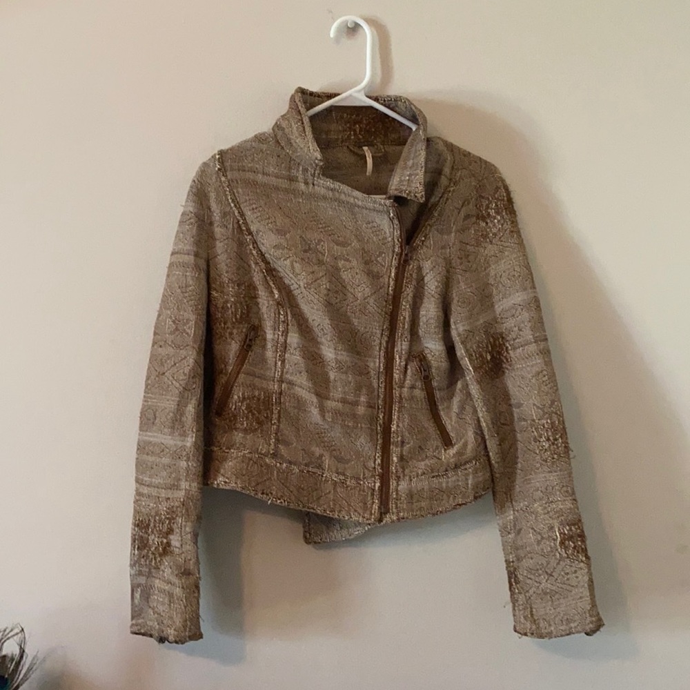 Free People Distressed Beige Moto Jacket